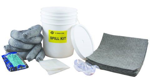 Universal 5 Gallon Spill Kit with Pail - Includes 1 5 Gallon Pail with Lid, 10 Pads, 3 Universal Socks, 1 Pair Nirtile Gloves, 1 pair Splash Goggles, 1 Disposable Bag